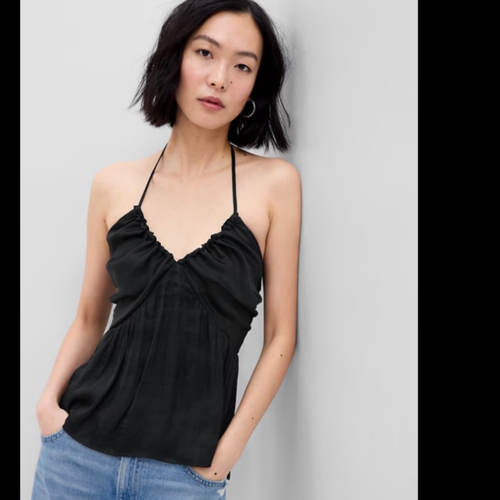 GAP Satin Halter Babydoll Top Black Smocked Back NWT L Tall